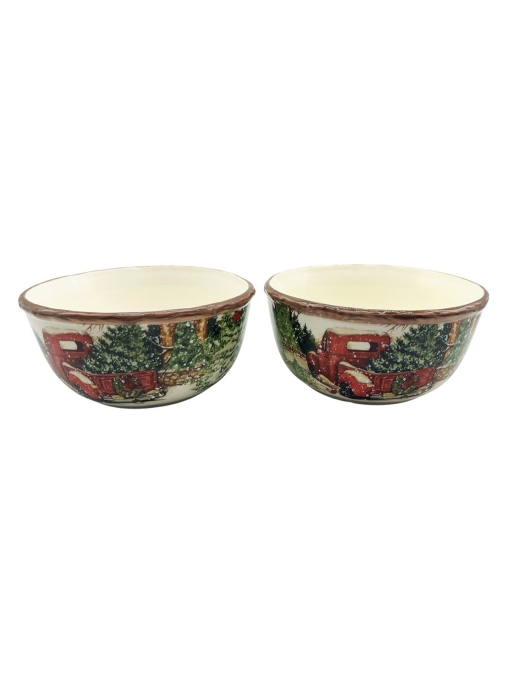Cracker Barrel Susan Winget Red Truck Snowy Christmas 2 Bowls